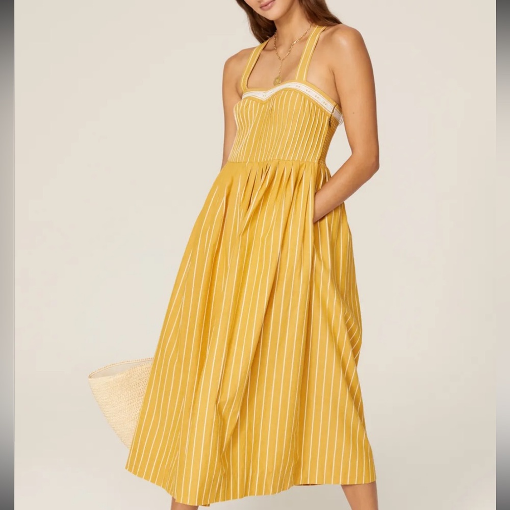THE GREAT. Yellow Striped Midi Dress